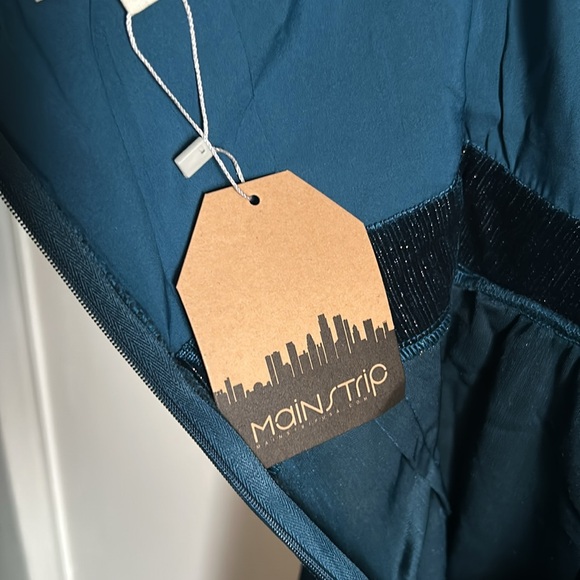 New Main Strip Rhinestone Halter Strapless Sweetheart Neck Teal Velvet Jumpsuit - Picture 12 of 16